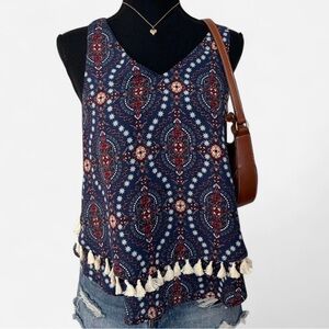 Alya Boho Tassel Hem Navy Printed V-Neck Tank Top Size Small